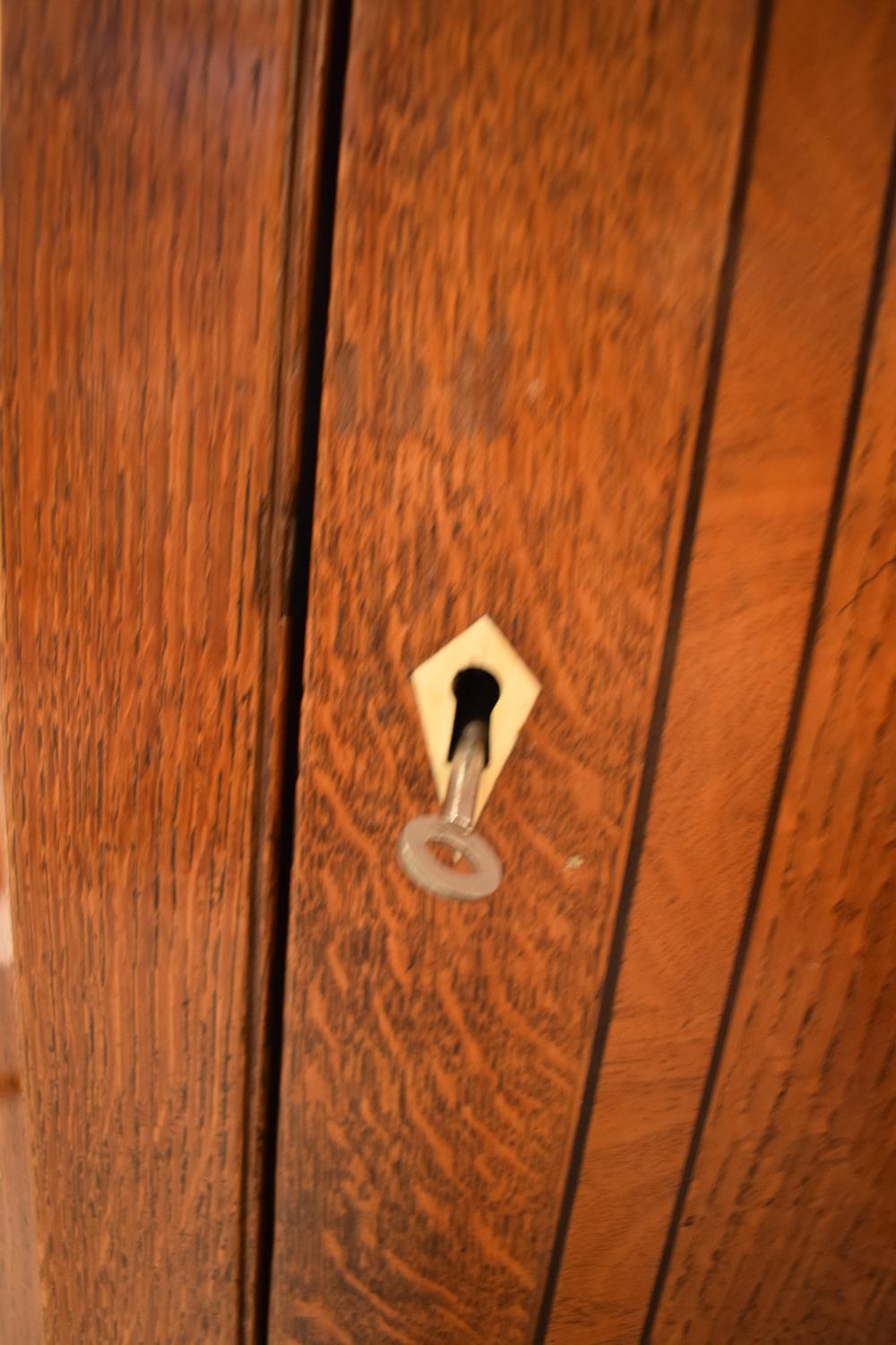 Late Georgian oak inlaid corner cabinet with a bone escutcheon. Some wear and old worm is - Image 5 of 7