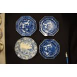 A collection of blue and white plates to include 3 octagonal plate by Joshua Turner and one by