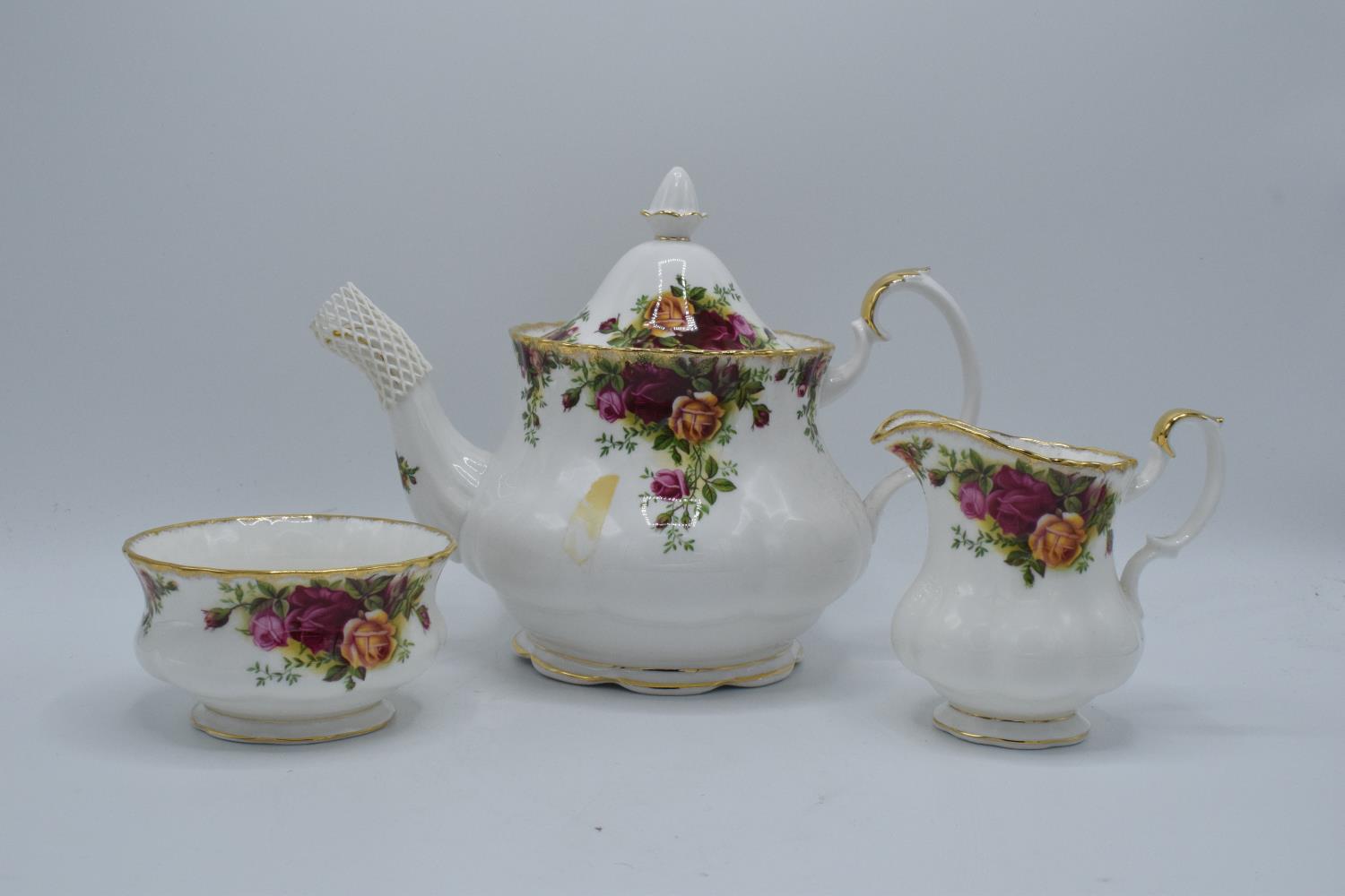 Royal Albert teapot, milk and sugar in the Old Country Roses design (3) All in good condition - Image 2 of 2