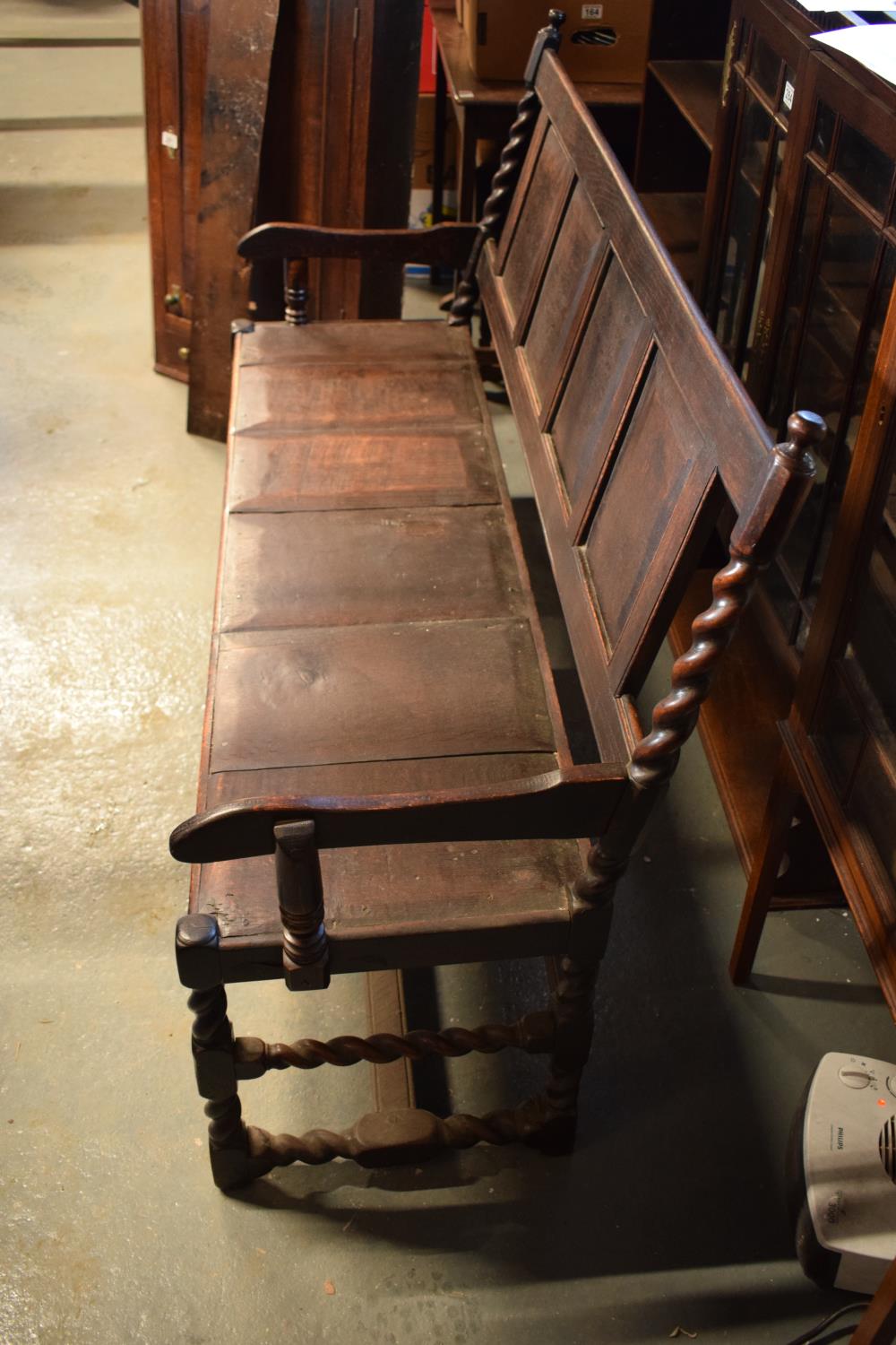 Late 18th century oak carved settle with barley twist supports. In good stable, functional - Image 7 of 8