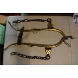 Pair of solid brass horse hames complete with leather and chains (No.4 patent) In good condition.