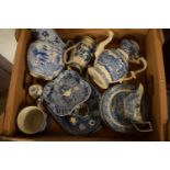 A collection of English 19th century blue and white pottery to include teapots, jugs etc (all