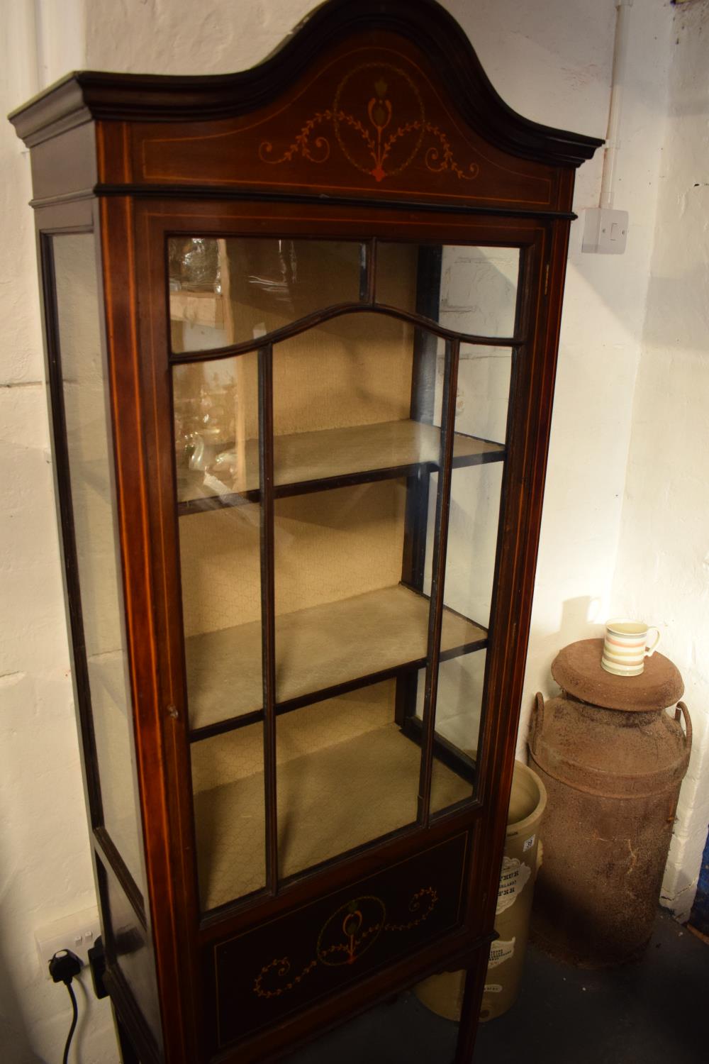 Edwardian inlaid mahogany and glass display cabinet. There is a crack to one leg. worm is - Image 2 of 10