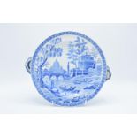 19th century Spode blue and white Italian scene hot water plate with shell stopper. There is a