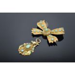 Asian gold coloured metal brooch & pendant set turquoise with enamel decoration: Tested as higher