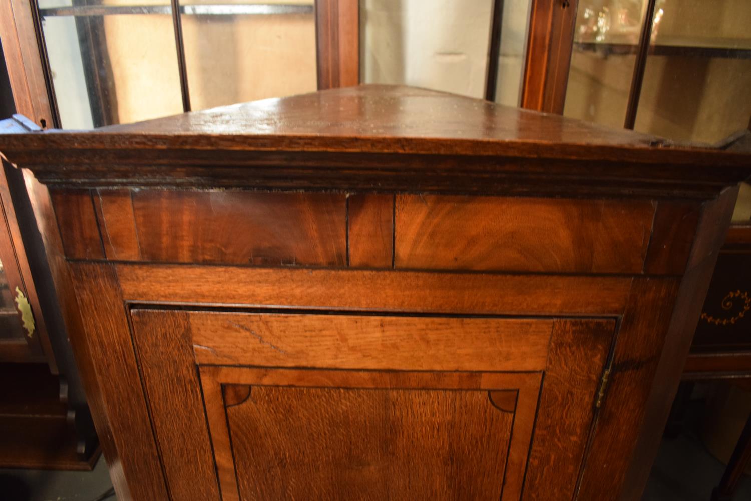 Late Georgian oak inlaid corner cabinet with a bone escutcheon. Some wear and old worm is - Image 3 of 7