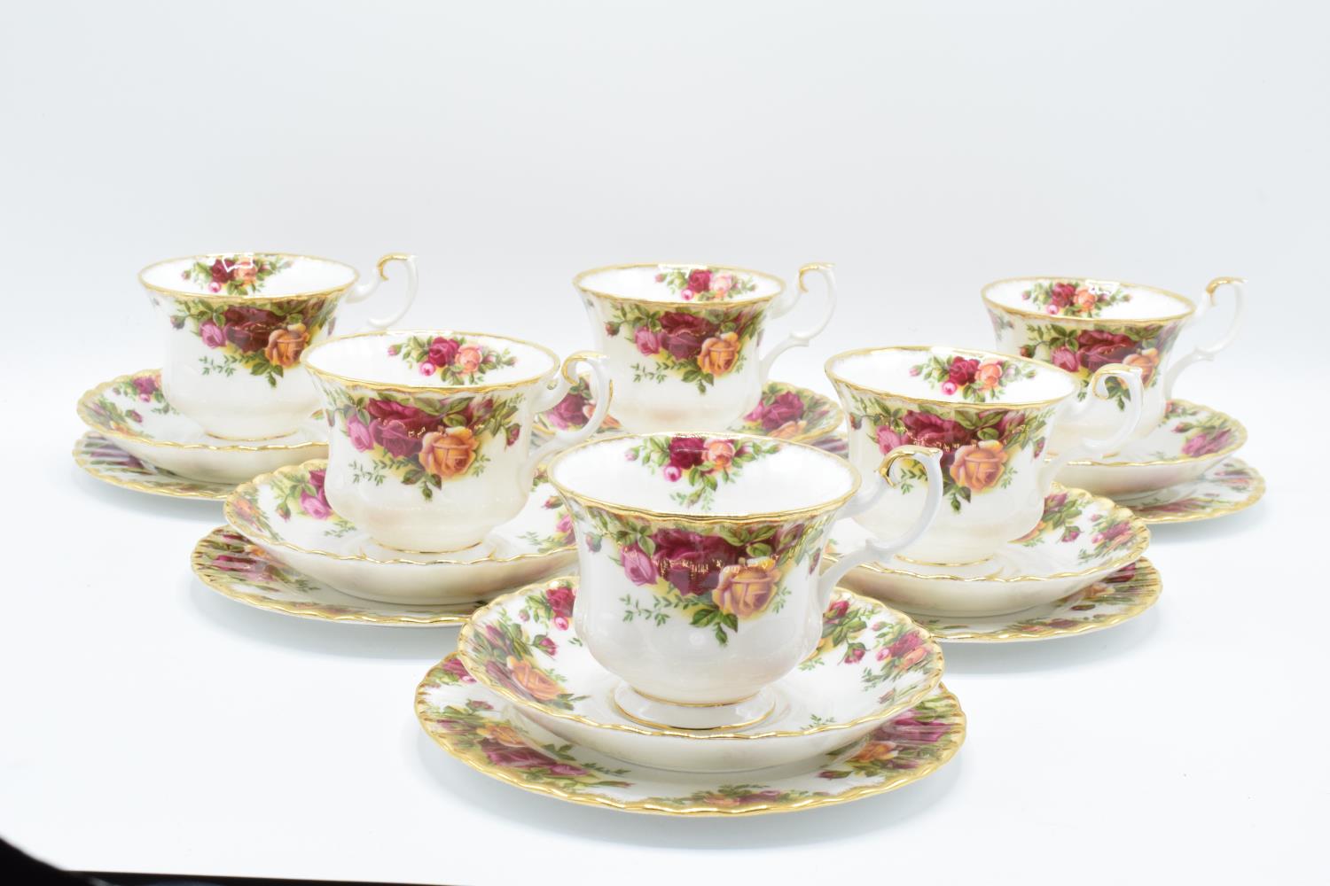 Royal Albert Old Country Roses collection of 6 trios. All in good condition without any obvious