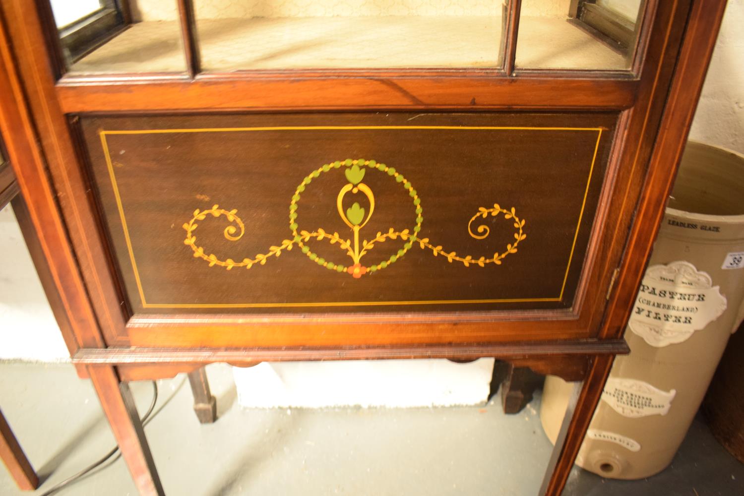 Edwardian inlaid mahogany and glass display cabinet. There is a crack to one leg. worm is - Image 3 of 10