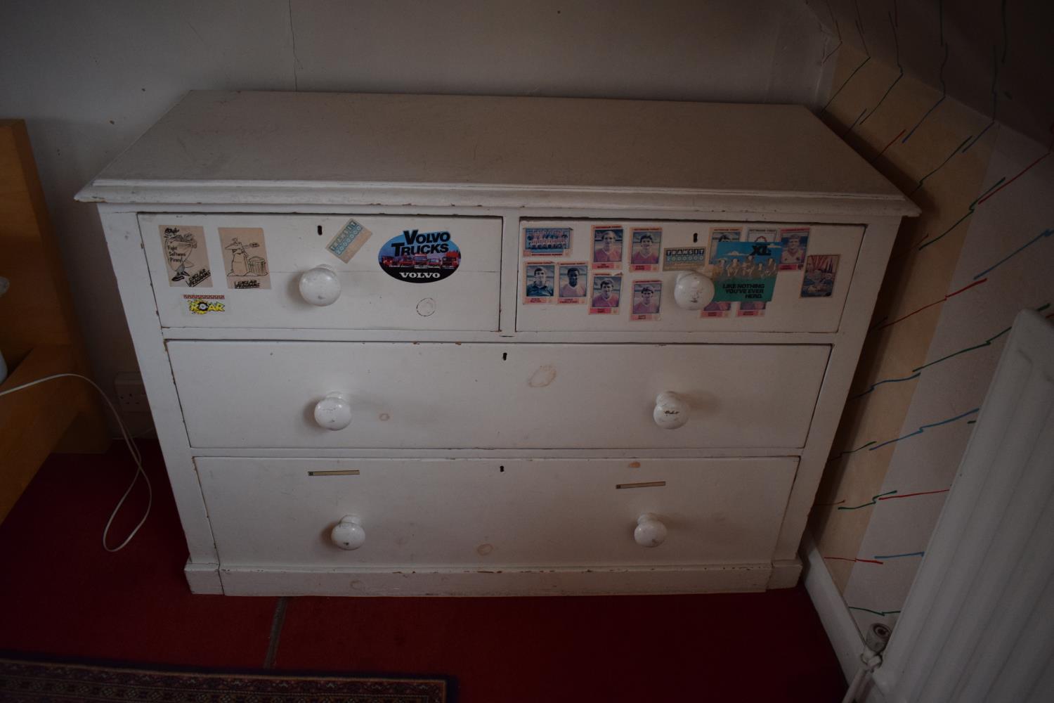 20th century painted pine chest of drawers. With signs of use and wear in a family home.Stickers are