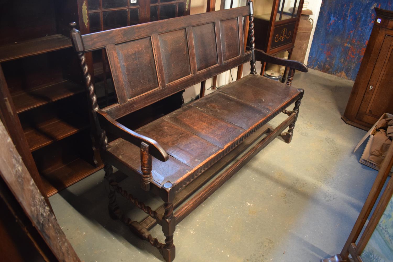 Late 18th century oak carved settle with barley twist supports. In good stable, functional - Image 2 of 8