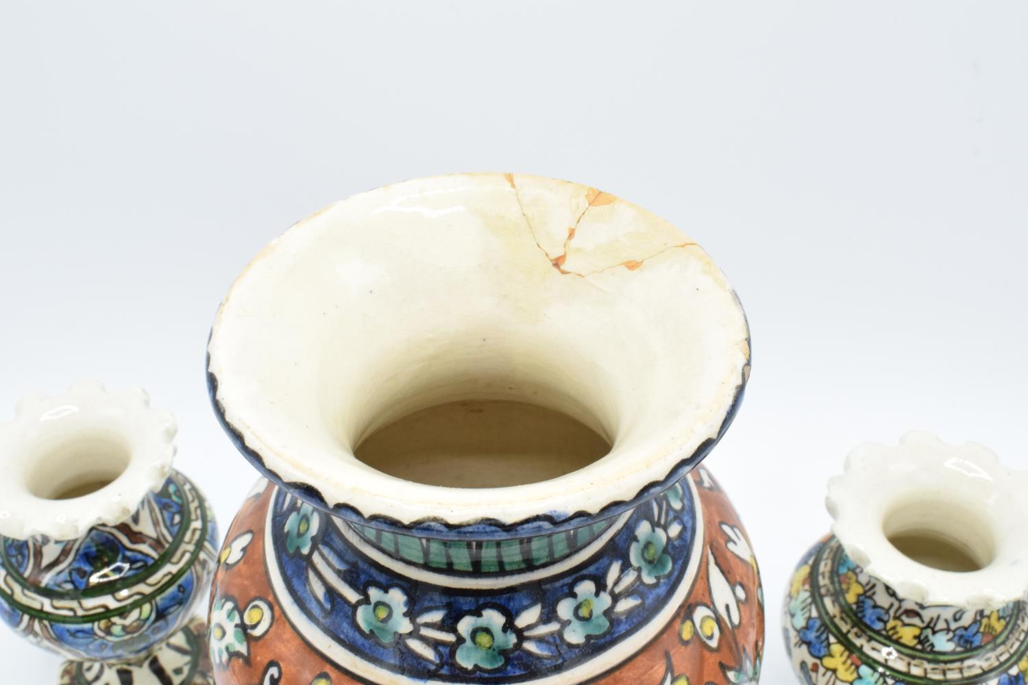 A collection of pottery to include an Iznik of Jerusalem vase with 2 similar items (3) All with - Image 2 of 3