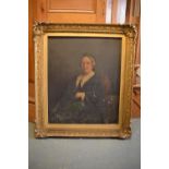 19th century oil on canvas of a seated lady in an ornate wooden frame. The frame has been knocked