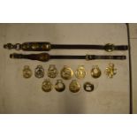 A mixed collection of 19th and 20th century horses brass and leathers to include a brass belt buckle