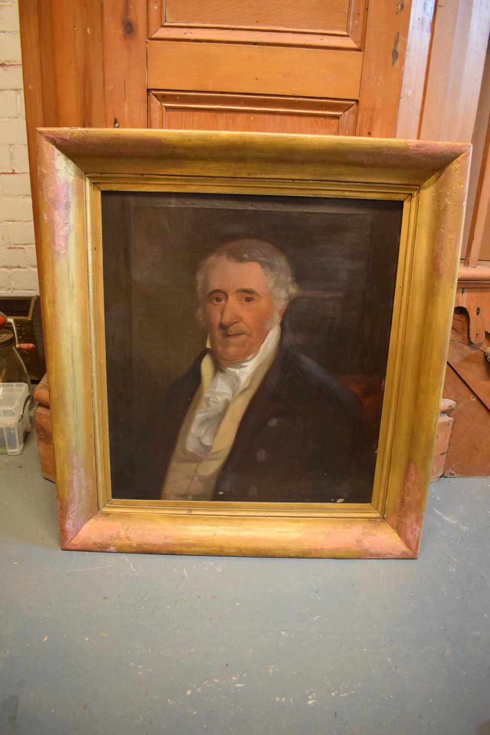 19th century oil on canvas of a gentleman. there is some paint missing rom the canvas. The frame