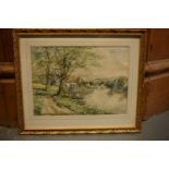A country scene watercolour of a gentleman fly fishing with a dog, signed J Dennison. there is