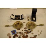 A mixed collection of items to include watches, brass candle holders, uk and other coinage to