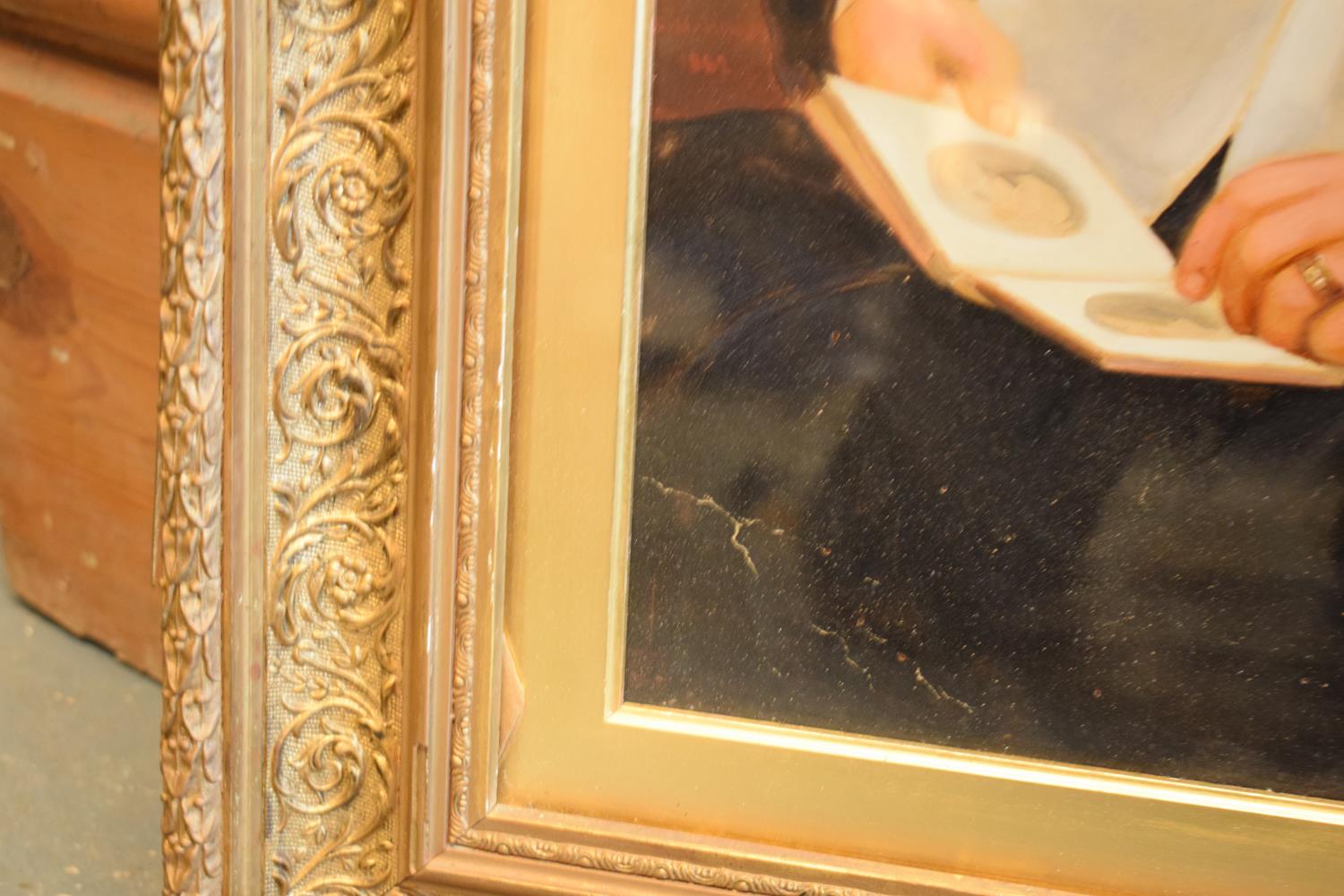 19th century oil on canvas of a lady admiring art whilst seated, in an ornate frame. The frame has - Image 5 of 10