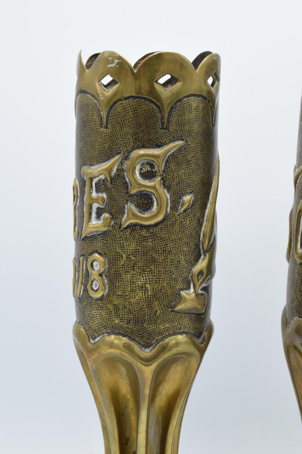 World War One trench art shell cases marked Ypres 1918 and Somme 1918 together with a small matchbox - Image 4 of 11