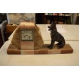 French Art Deco style mantle clock with a spelter model of an Alsatian. In ticking order. Check