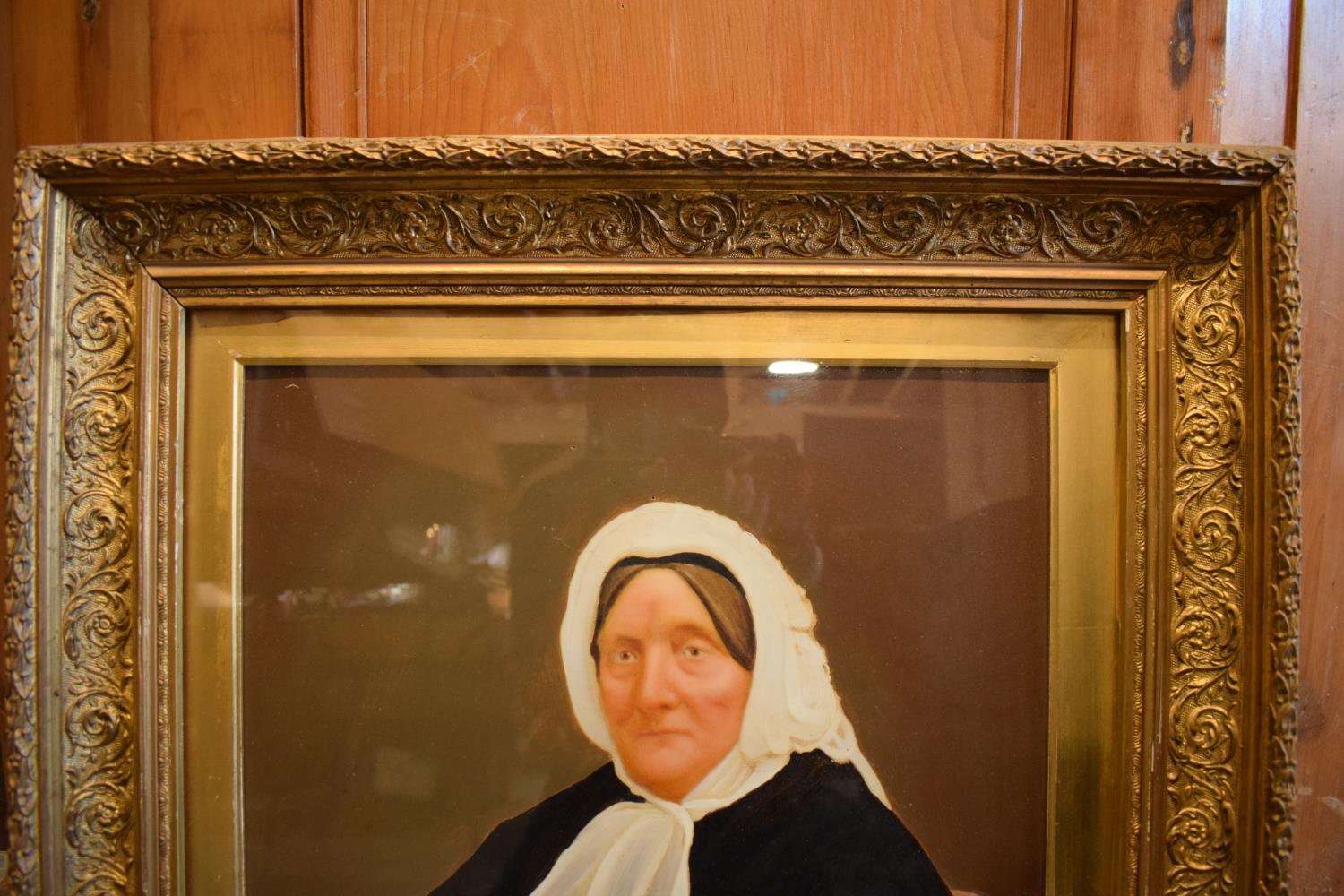 19th century oil on canvas of a lady admiring art whilst seated, in an ornate frame. The frame has - Image 6 of 10