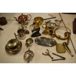 A mixed collection of metalware to include a brass saucepan, an iron, silver plate etc. in mixed