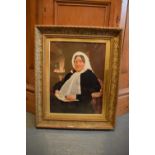 19th century oil on canvas of a lady admiring art whilst seated, in an ornate frame. The frame has