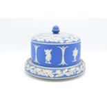19th century blue and white Jasperware cheese dome: assumed Adams of Tunstall. Generally in good