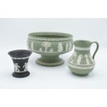 Wedgwood Jasperware sage green footed bowl together with a water jug and a black vase (3). In good