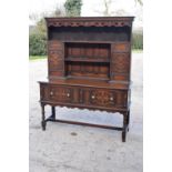 Late Victorian/Edwardian oak dresser and plate rack with brass handles. 146 x 49 x 179.