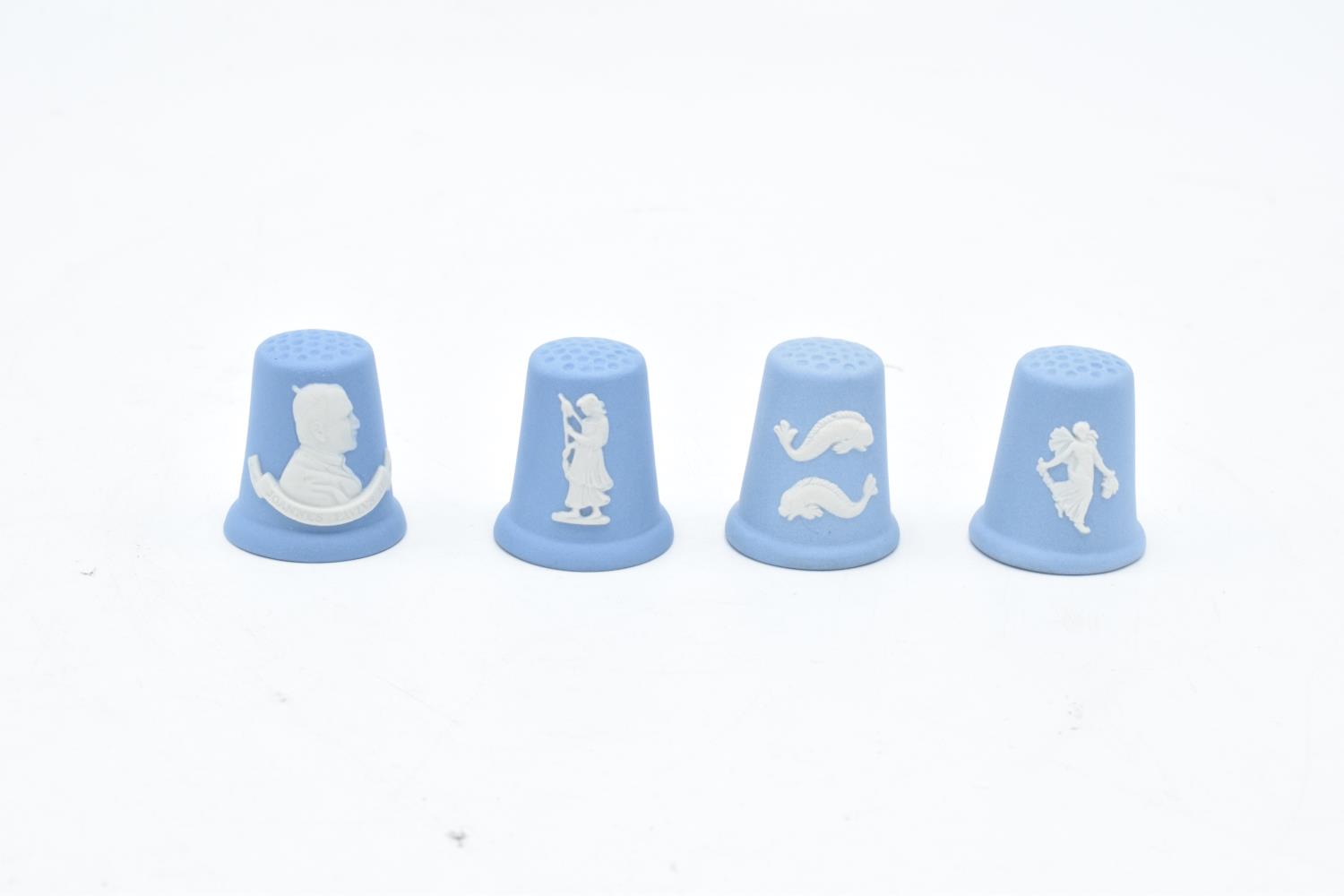 Wedgwood Jasperware thimbles to include a fish, Joannes Pavlvs II, a lady and dancing hours