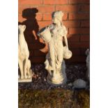Reconstituted stone model of a girl holding a basket. 66cm tall. Made in England, these items are