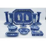 A good collection of Wedgwood Jasperware in the dip blue colour to include 2 pairs of