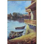 Framed oil painting of a lakeside scene, signed.