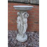 Reconstituted stone birdbath depicting the Three Graces. 75cm tall. Made in England, these items are