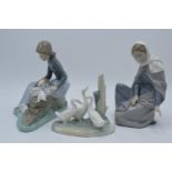 Nao by Lladro girl with rabbits 1026, geese scene and a lady (3). In good condition with no