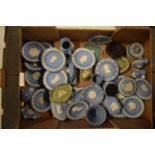 A collection of Wedgwood Jasperware to include jugs, pin trays, plates, trinkets, cruets etc (Approx