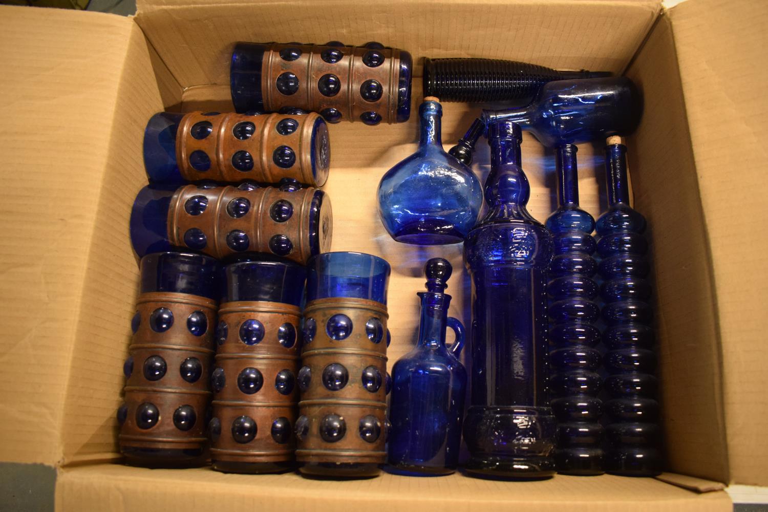 A good collection of vintage blue glass items to include vases, decanters, jugs etc. No postage. - Image 2 of 2