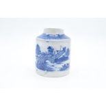 19th century blue and white cylindrical tea caddy without a lid. In good condition with no obvious
