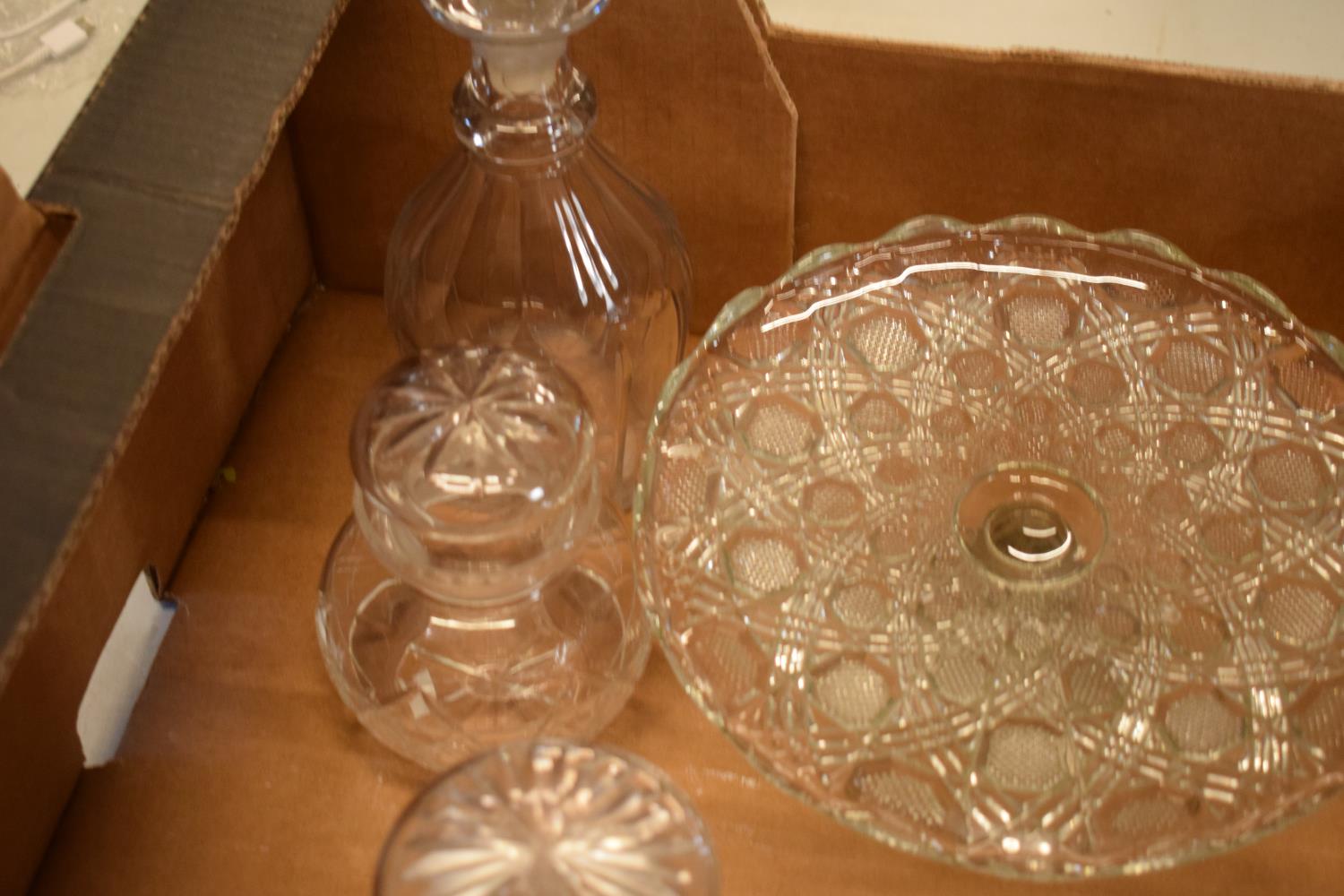 A collection of glass ware to include a pair of decanters, chutney jars, a cake stand etc. In good - Image 2 of 5