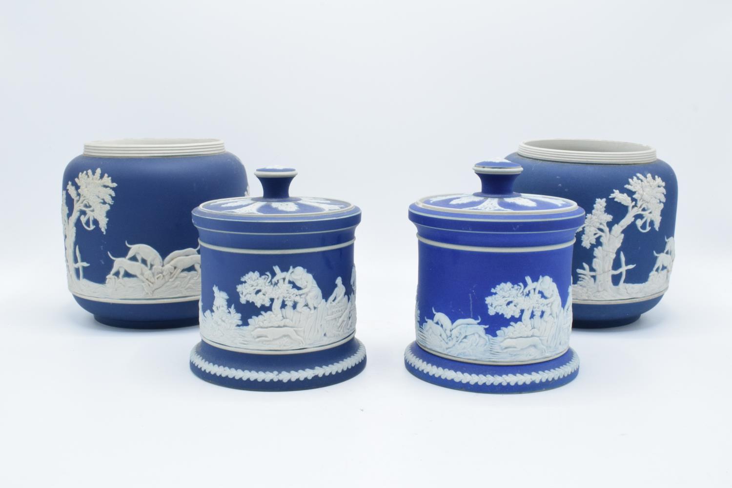 A collection of Adams of Tunstall blue jasperware to include 2 bulbous vases with threaded rims