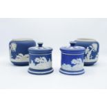 A collection of Adams of Tunstall blue jasperware to include 2 bulbous vases with threaded rims