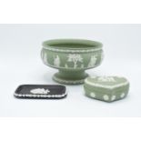 A collection of Wedgwood jasperware to include a sage green footed bowl, a heart shaped trinket