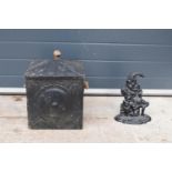 Edwardian square metal coal bin together with a 20th century reproduction Mr Punch doorstop (2).