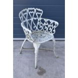 A painted white metal garden chair with a English design back. 81cm tall