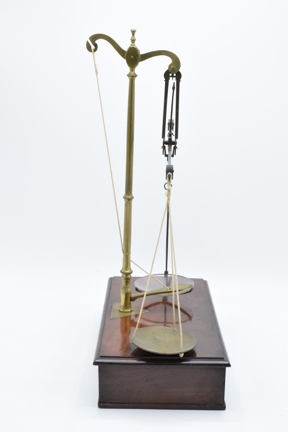 Early 20th century brass scales mounted a wooden base with a pull out. They display well. Might - Image 3 of 4