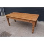 Late Victorian pine kitchen table. 183 x 82 x 77cm. In good solid condition Showing age related wear