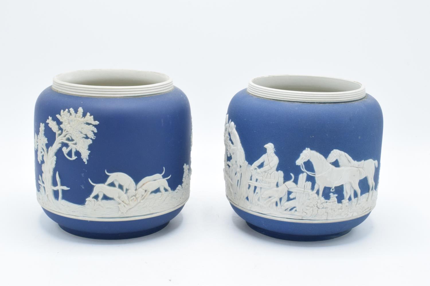A collection of Adams of Tunstall blue jasperware to include 2 bulbous vases with threaded rims - Image 5 of 5