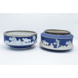 Large Adams of Tunstall blue jasperware bowls both with silver plate/ metal rims (2). In good