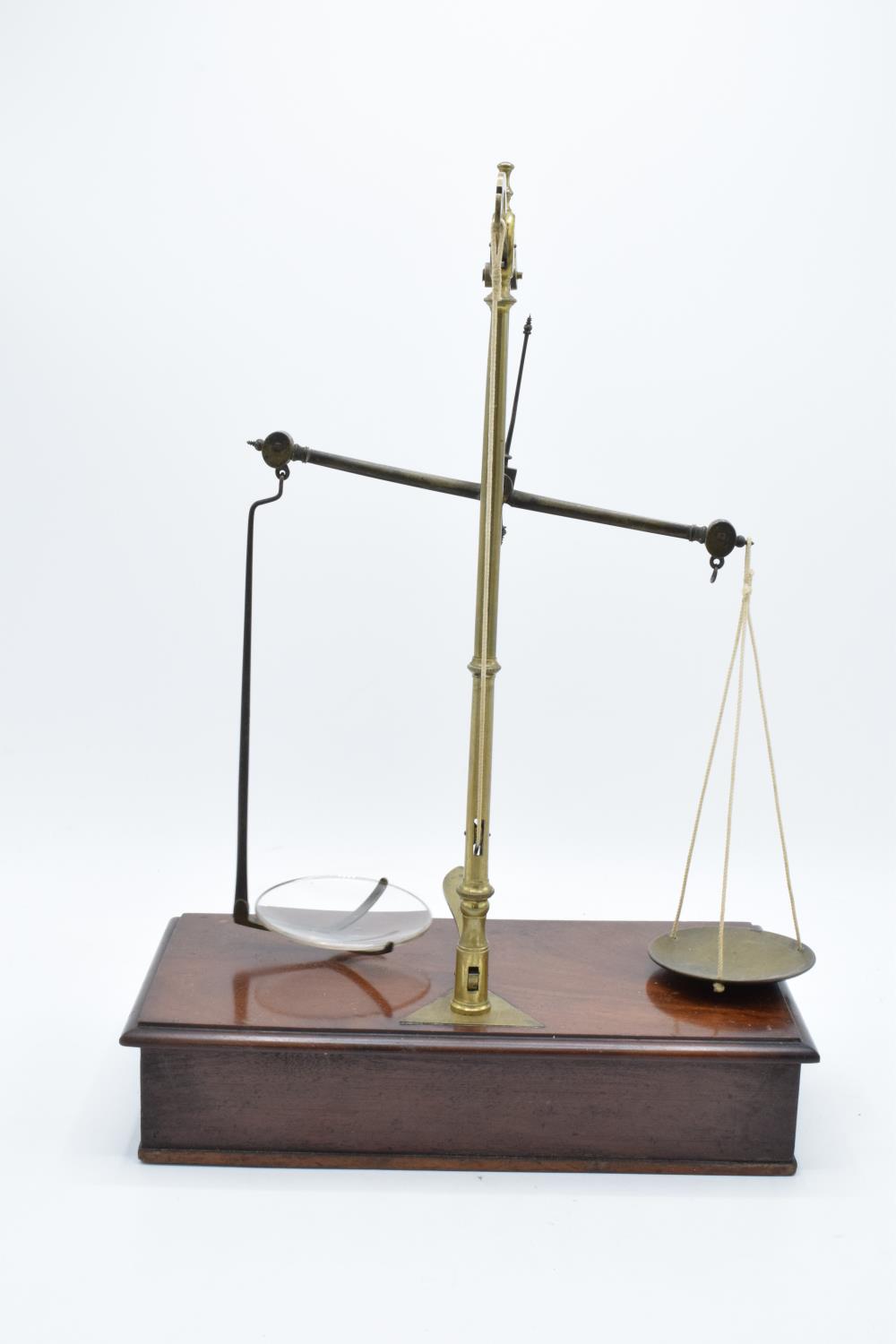 Early 20th century brass scales mounted a wooden base with a pull out. They display well. Might - Image 4 of 4