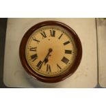 19th Century mahogany cased circular wall clock with a single fusee movement. With a key. The